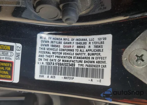 2010 Honda Civic Lx-S z USA, uszkodzony, nr VIN 19XFA1F69AE023469